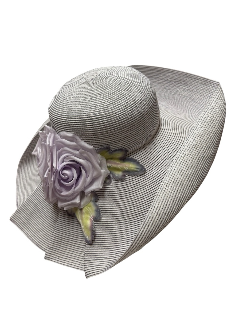 Vintage Eric Javits Wide-Brim Straw Sun Hat Lavender Rose Accent 18”